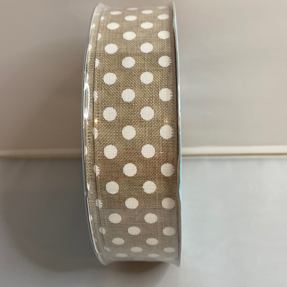 50 Yards Members Mark Tan & White Dot Wired Ribbon
